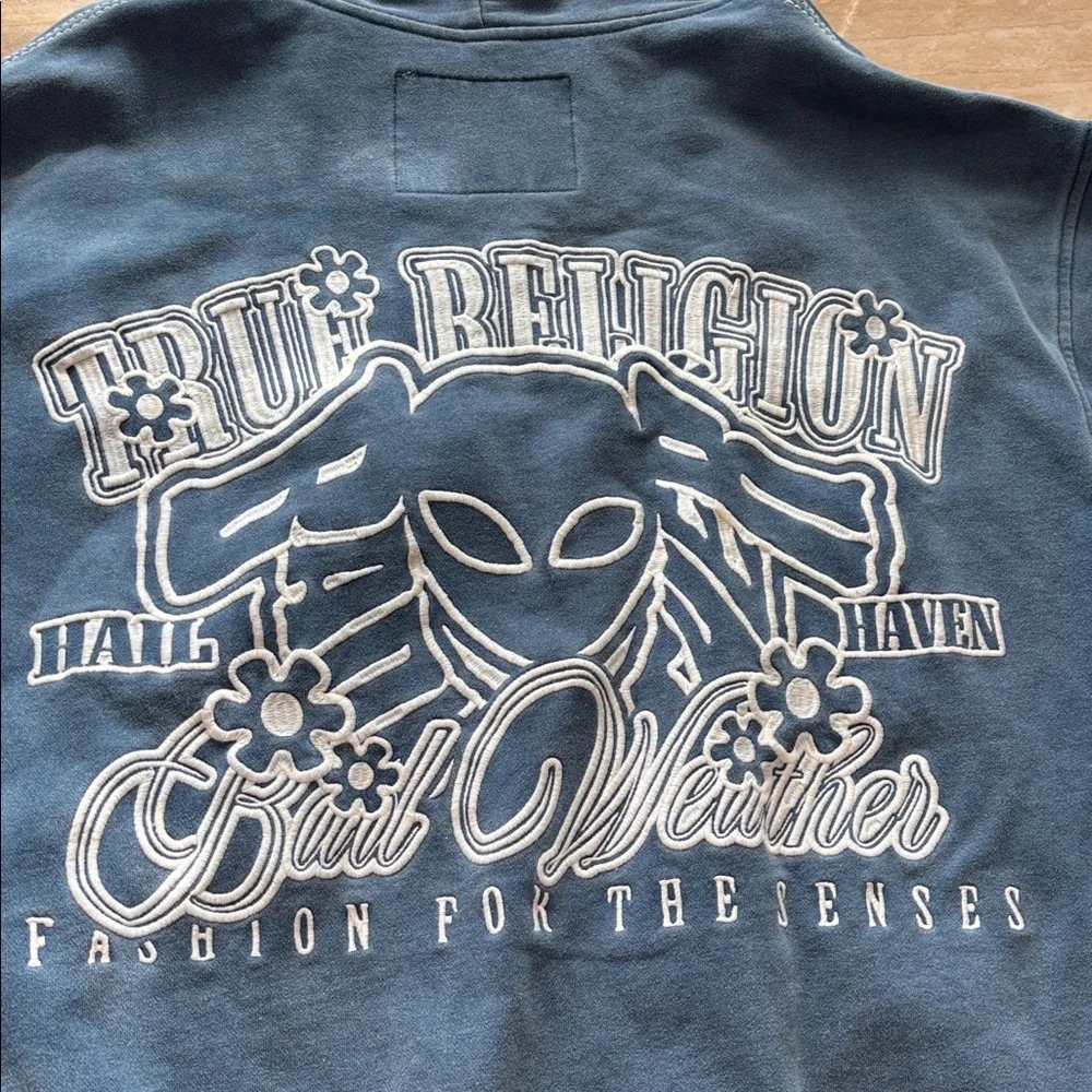 True Religion Blue Hoodie with Embroidered Logo. Unisex